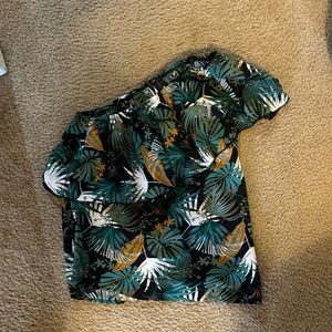 SHEIN VCAY Tropical Print One Shoulder Ruffle Trim Blouse